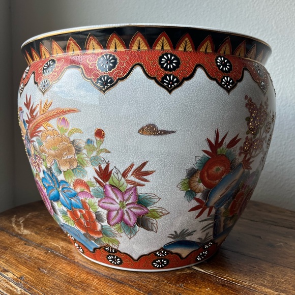 Vintage Chinoiserie Large Porcelain Koi Fish Planter Bowl Cachepot - Picture 3 of 11